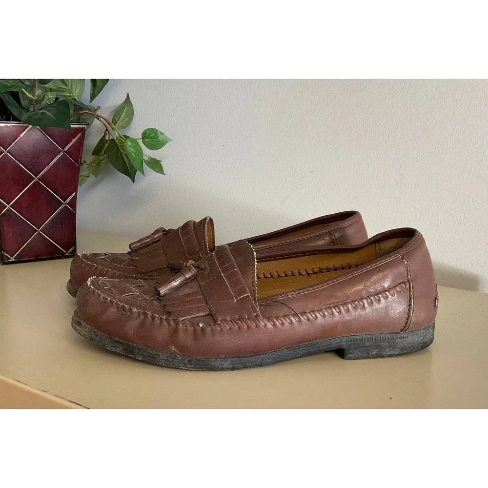 George Mens Loafers Casual Shoes Size 8 Brown Faux Leather Woven Tassel Slip On